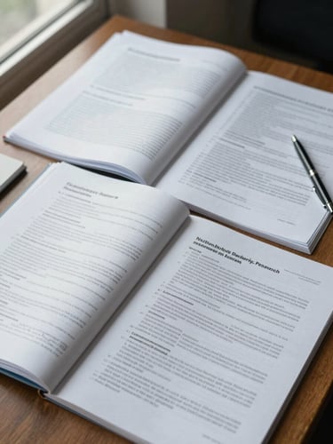 Close overhead view of open policy research documents and printed reports spread across a wooden desk in an institutional office, natural window light falling across the pages, handwritten annotations visible in margins, a pen resting beside the papers, no people, documentary framing