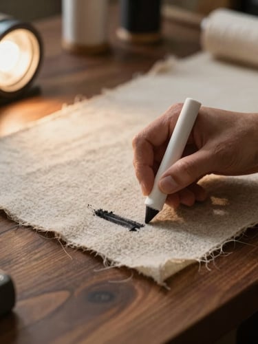 Cinematic close-up of heavy-gauge wool fabric being marked with tailor's chalk on a dark walnut cutting table, warm directional studio key light, shallow depth of field.