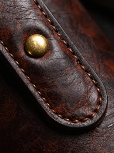 Extreme macro shot of heavy-gauge bronze stitching on a dark burnished leather yoke, warm directional studio key light emphasizing the rich textured grain.