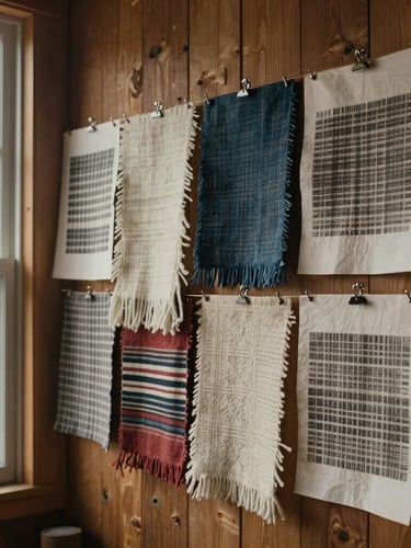 Cinematic portrait crop of raw wool textiles and heavy-gauge paper patterns pinned to a timber studio wall in Pinedale, Wyoming, soft overcast window light, authentic ranch-luxe atmosphere.