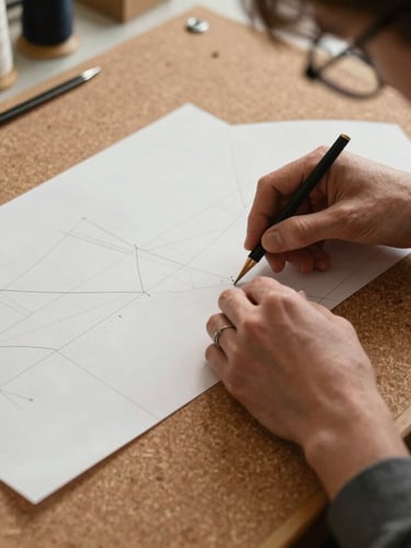 Hands of a master tailor pinning a custom-drafted paper pattern to a corkboard in a Pinedale Wyoming studio, warm key light