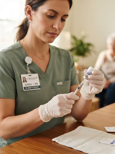 Close-up of a certified nurse in clean sage green scrubs preparing an insulin injection in a brightly lit, warm home environment, shallow depth of field