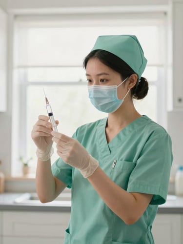 A certified nurse in clean green scrubs preparing an insulin syringe under soft window light in a tidy, warm home kitchen, shallow depth of field, 35mm