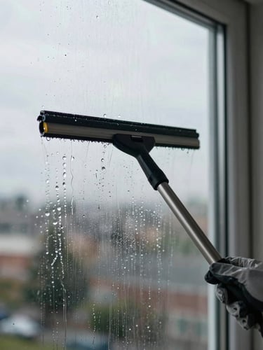 Close-up medium shot of a squeegee blade drawing clean water off a large residential window pane, natural overcast daylight, wet glass surface reflecting the sky, technician's gloved hand visible at the edge