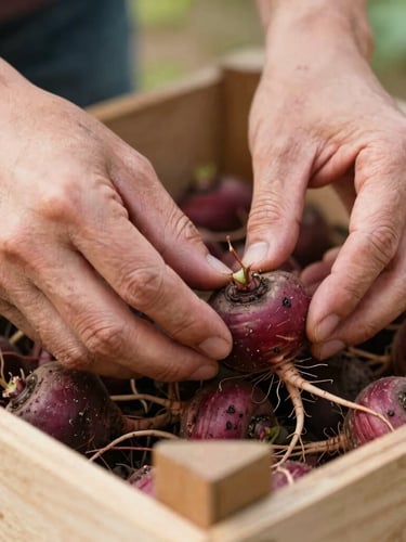 Close-up of weathered hands gently arranging organic root vegetables in a wooden crate, soft diffused morning light, shallow depth of field