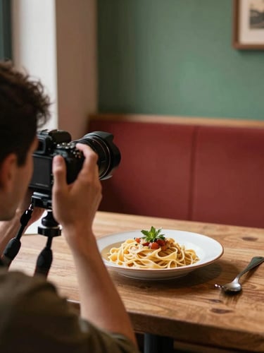 Over-the-shoulder view of a photographer adjusting a camera on a tripod, focusing on a rustic plate of handmade pasta in a cozy, side-lit Scandinavian restaurant interior