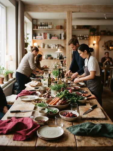 A cozy Scandinavian-style restaurant interior, soft diffused side-light, long wooden table with raw ingredients, rich crimson and forest tones, 35mm photography