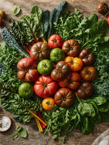 Overhead flat-lay of freshly harvested heirloom tomatoes and dark leafy greens on a rustic wooden table, soft natural side-light casting long shadows, rich crimson and forest tones