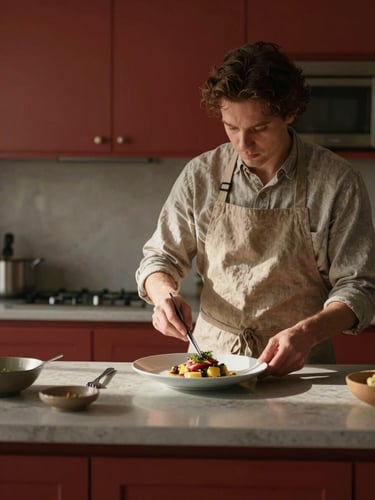 Cozy Scandinavian-style kitchen interior, a chef in a linen apron plating a dish with tweezers under soft, diffused side-light, natural shadows, warm interior glow