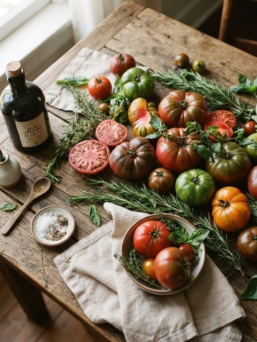 Overhead flat-lay of a rustic wooden table with fresh heirloom tomatoes, olive oil, and rosemary, soft natural side-light, rich crimson and forest tones, 35mm