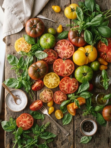 Overhead flat-lay of raw heirloom tomatoes and fresh basil on a rustic wooden table, soft diffused daylight casting long natural shadows, 35mm photography