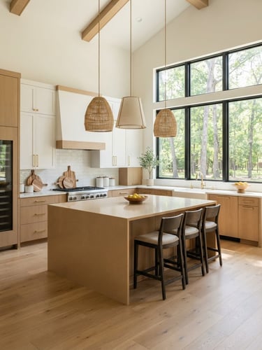 Bright, airy kitchen interior of a modern home in The Woodlands, natural daylight streaming through large windows, warm sand accents on the kitchen island, clean architectural lines, sharp focus.