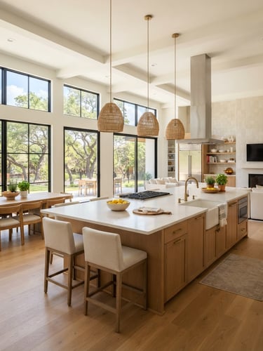 Bright modern kitchen interior with warm wood accents, natural daylight streaming through large windows, clean Texas suburban architecture, wide-angle