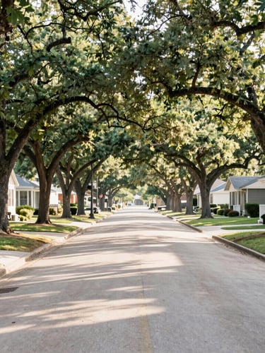 A peaceful tree-lined suburban street in Spring, Texas, soft morning sunlight filtering through oak trees, clean sidewalks