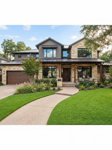 Bright architectural photography of a modern suburban home exterior in Spring, Texas, manicured green lawn, soft daylight, wide-angle lens