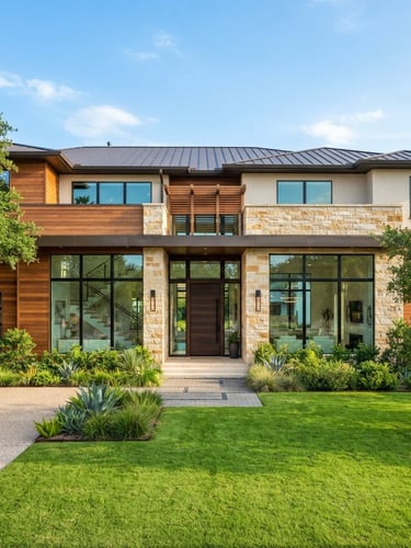 Bright architectural photography of a modern North Houston home exterior, clean warm tones, manicured green Texas lawn, natural daylight, straight-on wide-angle lens