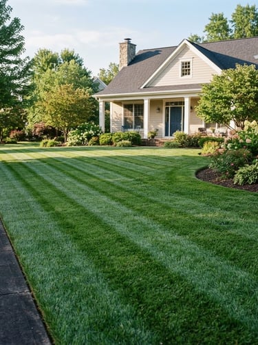 Perfectly striped suburban lawn, bright morning sunlight, crisp edges, a well-maintained home in the background, 35mm