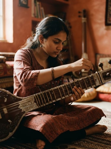 Close-up portrait of a student in deep concentration tuning a sitar, warm directional indoor light, rich terracotta and ink tones, shallow depth of field, 35mm photography