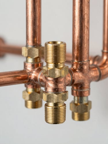 Close-up of clean copper piping installation with professional brass fittings, bright natural lighting, professional plumbing work.