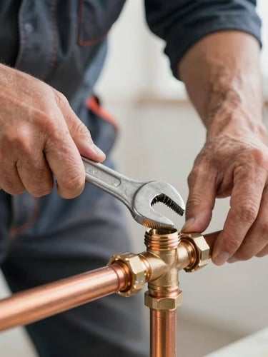 Close-up of a professional plumber's hands installing a copper pipe fitting with a wrench, bright natural light, clean workwear