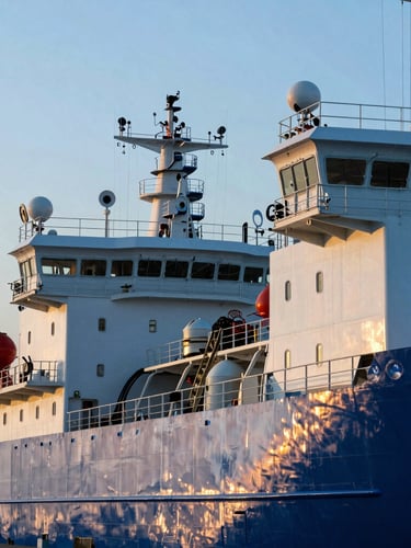 Sharp industrial photography of a massive offshore vessel docked at golden hour, cool blue and metallic tones, high-contrast architectural framing of marine-grade systems on deck.