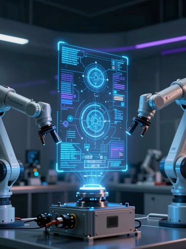Cinematic shot of an advanced engineering lab with clean automated robotic arms and glowing blue holographic data nodes overlaid on a metallic background, low-key lighting, 85mm lens