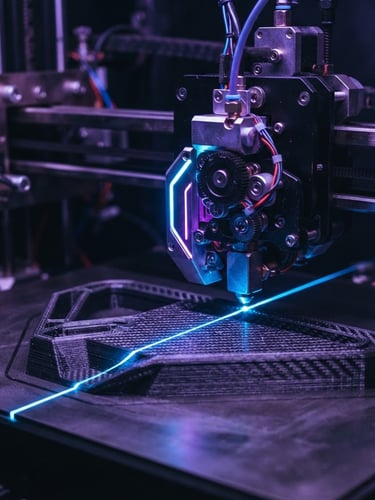 Macro shot of a high-precision industrial 3D printer extruding carbon fiber filament, bright blue laser line scanning the layer, dark metallic background, ultra-sharp focus.