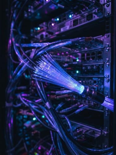 Macro shot of glowing fiber optic cables transmitting blue and purple light, dark metallic background, shallow depth of field, sharp focus, 85mm lens.