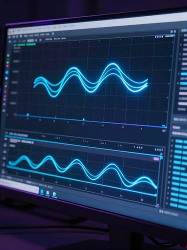 A high-end workstation screen displaying complex 3D data visualization charts, glowing neon blue lines on a dark interface, cinematic lighting.