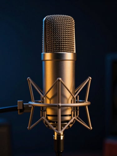 A close-up of a high-end podcast microphone in a dark studio, warm gold light leaks reflecting off the metallic surface, deep blue shadows, cinematic editorial photography