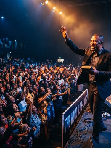 Evangelist Nnamdi Celestine preaching with passion to a diverse, worshipping crowd, cinematic lighting with warm gold highlights, wide-angle shot, deep blue shadows.