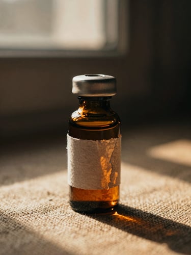 Macro close-up of a dark amber glass vial with a hand-torn textured paper label resting on raw linen, dramatic chiaroscuro lighting, warm golden-hour shadows.