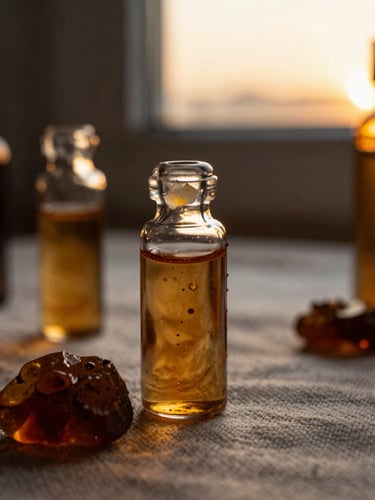 Macro close-up of warm golden-hour still life with raw resins and amber glass vials on raw linen, dark moody editorial photography, warm golden-hour window light, rich amber tones, macro depth of field, 35mm film