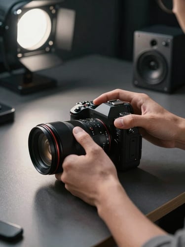 Close-up of a male creator's hands adjusting a high-end mirrorless camera on a minimal dark desk, premium audio gear visible in the background, cool studio light from the left casting sharp shadows, cinematic and controlled