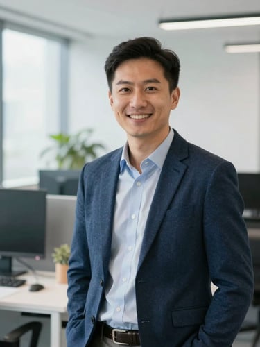 Professional portrait of a male data consultant in a modern workspace, wearing a smart casual blazer, smiling confidently, bright natural daylight, clean corporate background