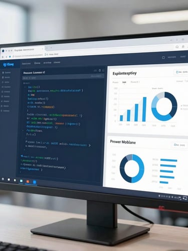 A high-resolution dashboard screenshot on a clean monitor, displaying SQL query outputs and Power BI charts, bright corporate office lighting, shallow depth of field