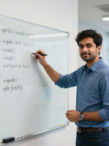 Professional portrait of a technical trainer in a bright, modern Delhi workspace, writing clean SQL code on a whiteboard, natural office light