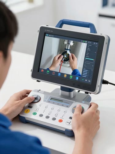 Professional technician holding a digital control monitor, displaying a live high-definition video feed from inside a plumbing line, clean hands, modern equipment, bright daylight