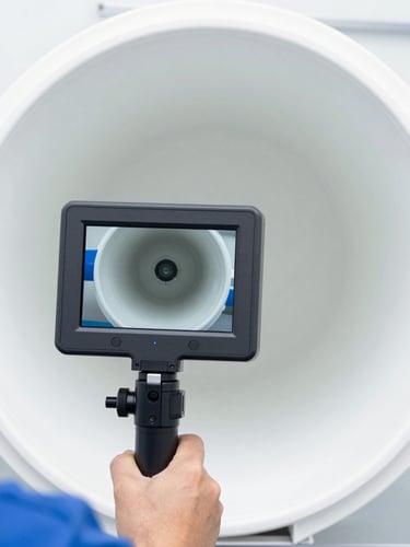 High-tech pipe inspection camera screen showing a clean, clear PVC pipe interior, professional hand holding the monitor, bright white daylight, sharp focus, 35mm