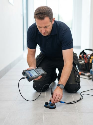 A professional plumber operating a high-tech acoustic leak detector on a clean tiled floor, white bright daylight, premium blue accents, 35mm