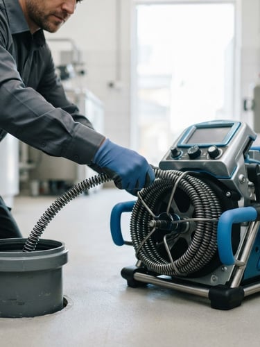 Clean high-tech commercial photography, bright white daylight, close-up of a modern robotic drain cleaning machine with steel spiral cables, professional technician hands guiding it, premium blue accents, 35mm