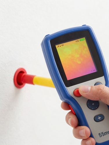 Macro close-up of a thermal imaging camera screen showing a glowing red and yellow water pipe leak behind a wall, clean professional hands holding the device, bright white daylight, 35mm