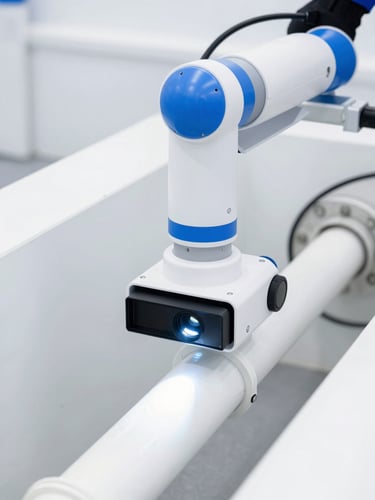 Close-up of a modern robotic sewer camera being inserted into a clean pipe by a technician, high-tech diagnostic equipment, bright white light, 35mm