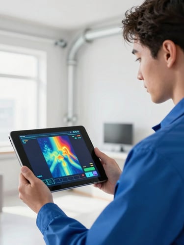 Professional technician in clean uniform holding a digital tablet displaying thermal imaging of pipework, bright modern apartment background, high-key natural light, 35mm