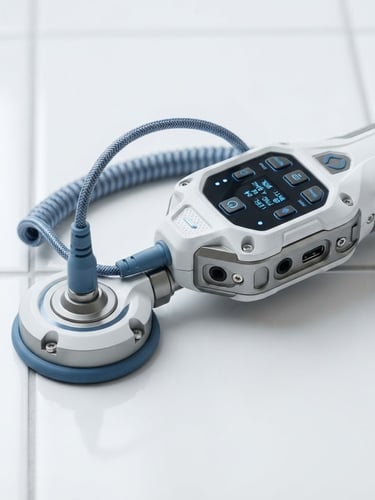 Macro close-up of a high-tech acoustic water leak detector on a clean white tiled surface, bright high-key lighting, professional blue accents, 35mm