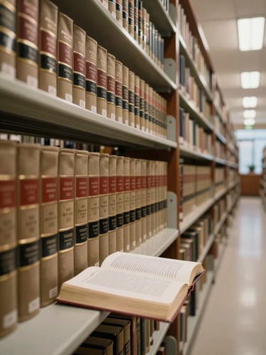 Wide environmental shot of a law library corridor, dense rows of legal code volumes spine-out under direct overhead office lighting, a single open statute book on a reading ledge in the foreground, crisp and forensic