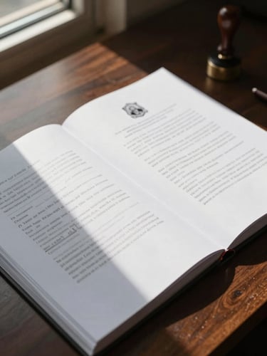 Close overhead shot of an open legal case binder on a dark wooden desk, printed court documents and a court stamp visible, hard directional daylight from a side window casting sharp shadows across the pages, forensic clarity, no people