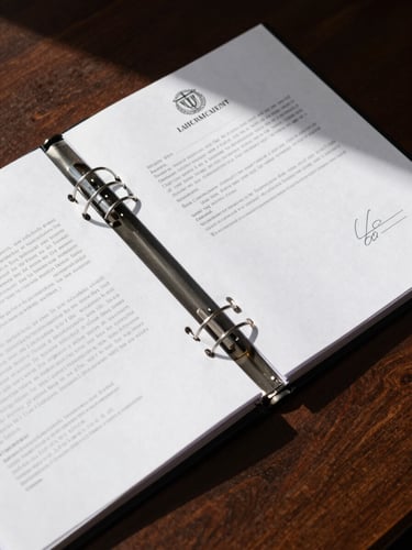 Overhead close-up of open legal case binders on a dark wooden desk, stamped court documents visible, direct studio lighting casting sharp shadows, no hands or people, forensic clarity