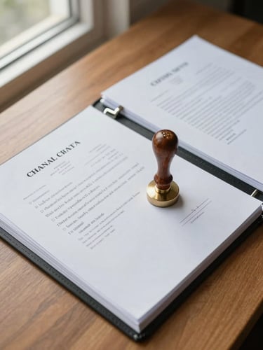 Close-up overhead view of open case binders and stamped court documents on a wide wooden desk, hard daylight entering from the left window, a rubber court seal pressed onto a page in sharp focus, forensic clarity