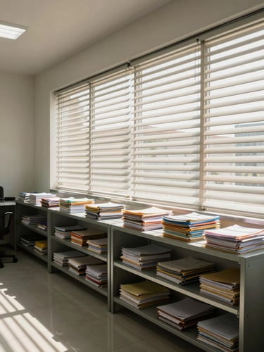 Wide environmental shot of a Colombian law office interior in Montería, afternoon daylight through venetian blinds casting parallel lines across stacked case folders on metal shelving, no people, hard directional light, clean institutional space